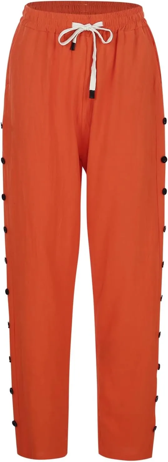 2025 Summer Linen Pants for Women Straight Leg Side Button Casual Pant Women Baggy Elastic Waist Trousers with Pocket