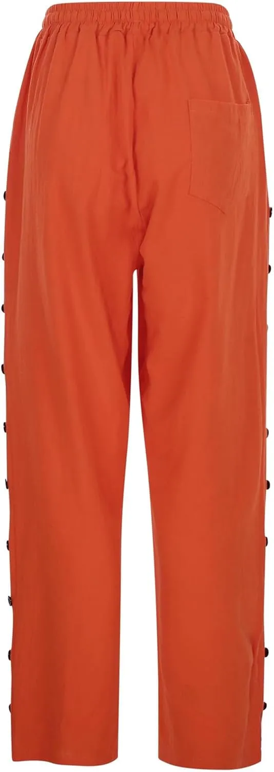 2025 Summer Linen Pants for Women Straight Leg Side Button Casual Pant Women Baggy Elastic Waist Trousers with Pocket