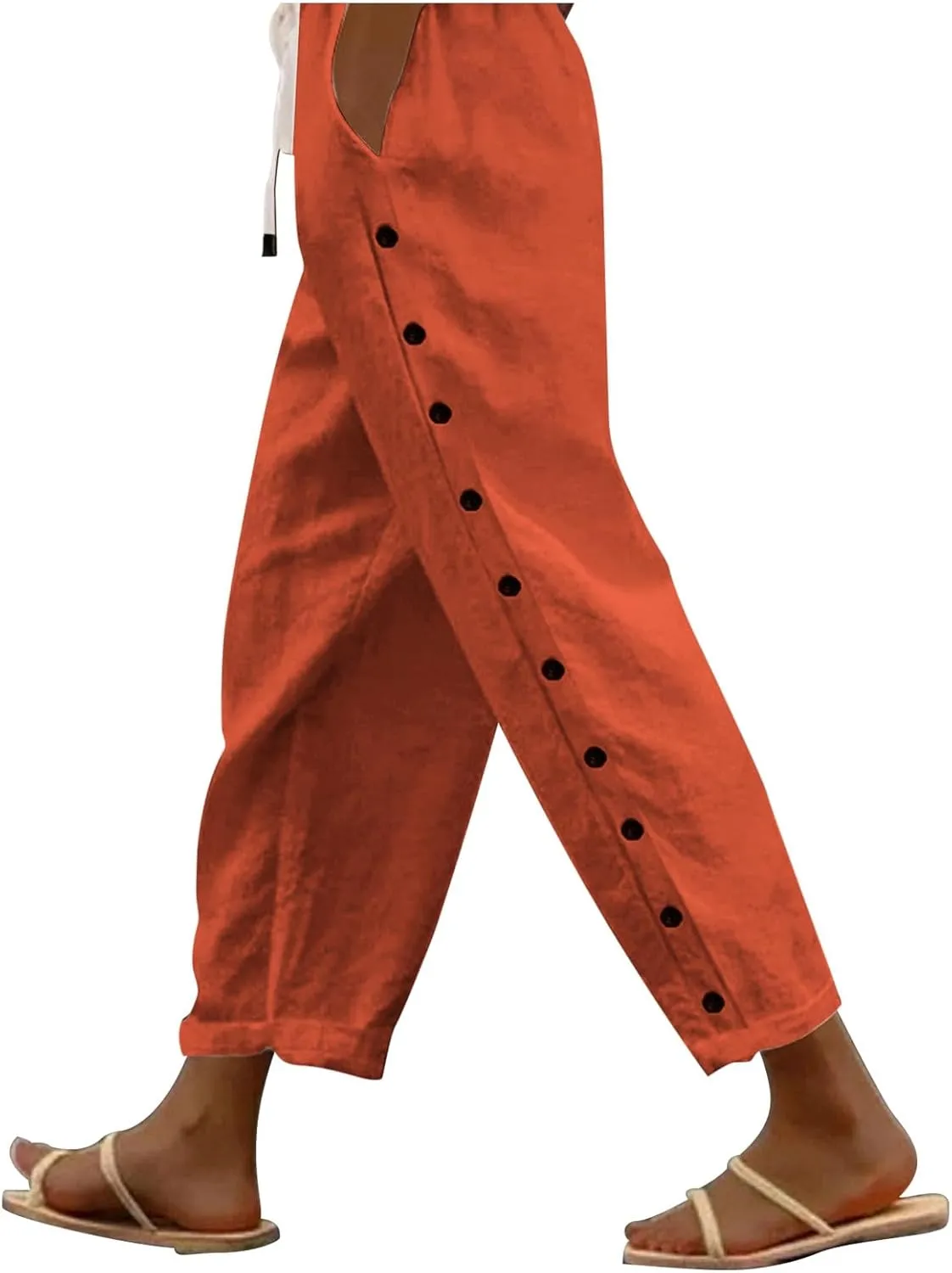2025 Summer Linen Pants for Women Straight Leg Side Button Casual Pant Women Baggy Elastic Waist Trousers with Pocket