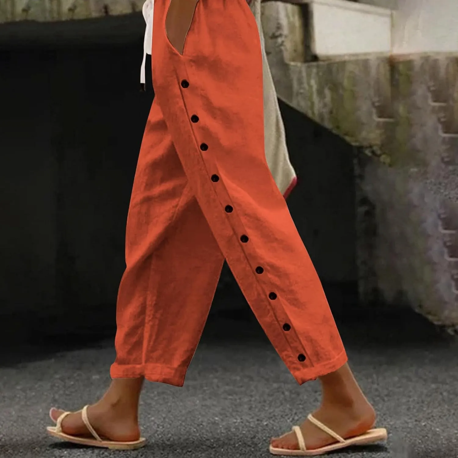 2025 Summer Linen Pants for Women Straight Leg Side Button Casual Pant Women Baggy Elastic Waist Trousers with Pocket