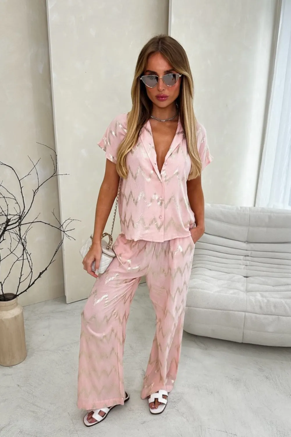 Camila pink foiled shirt and trousers co-ord