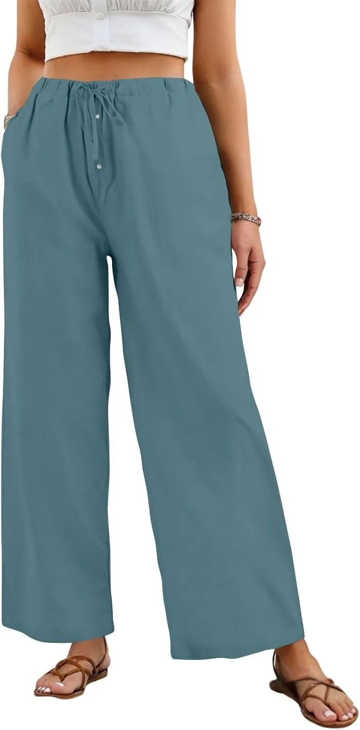 Cotton Linen Pants Women Summer Casual Loose Beach Pants Drawstring Flowy Wide Leg Palazzo Trousers with Pockets