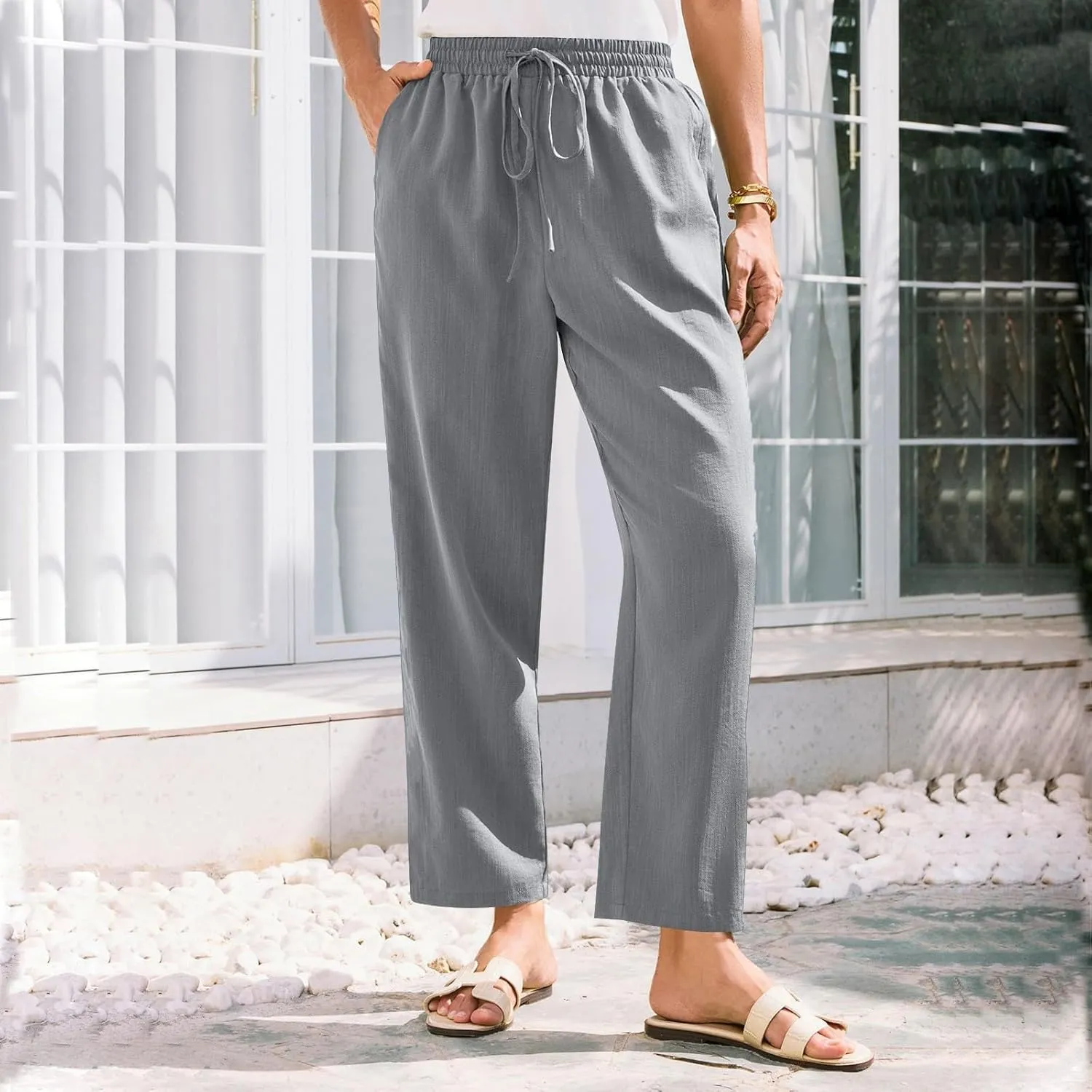 Cropped Linen Pants Women Summer Elastic Drawstring Waist Tapered Straight Leg Crop Pants Casual Beach Ankle Trousers