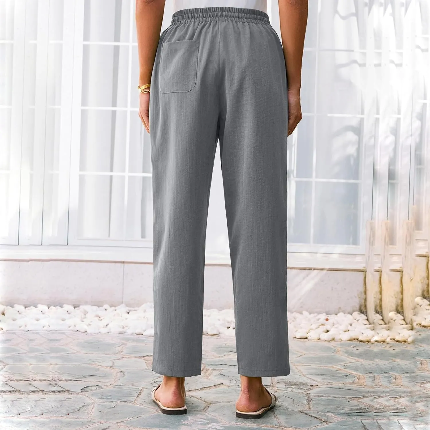 Cropped Linen Pants Women Summer Elastic Drawstring Waist Tapered Straight Leg Crop Pants Casual Beach Ankle Trousers