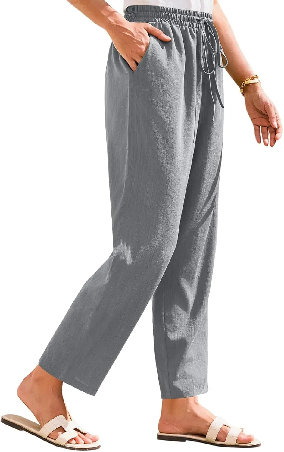 Cropped Linen Pants Women Summer Elastic Drawstring Waist Tapered Straight Leg Crop Pants Casual Beach Ankle Trousers