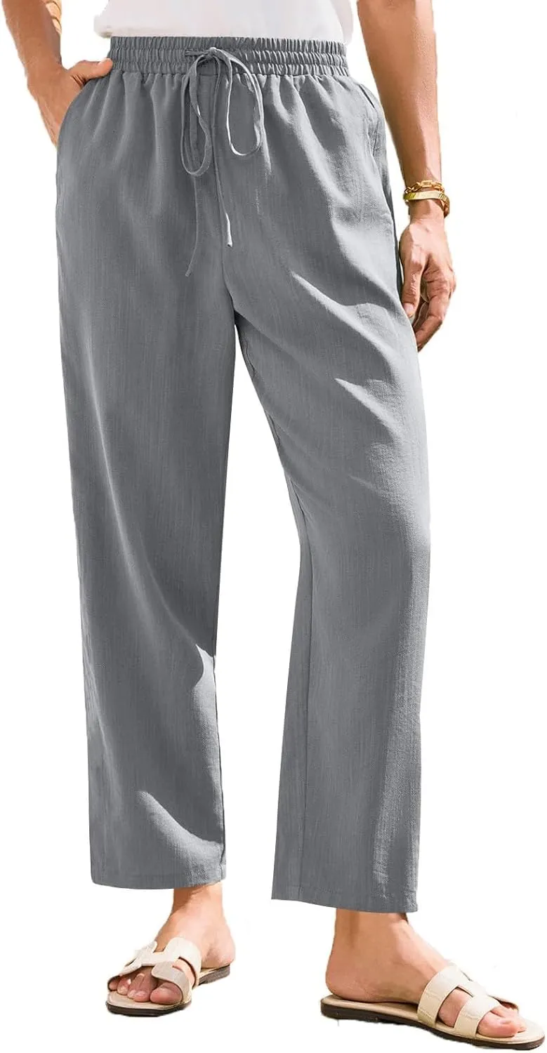 Cropped Linen Pants Women Summer Elastic Drawstring Waist Tapered Straight Leg Crop Pants Casual Beach Ankle Trousers