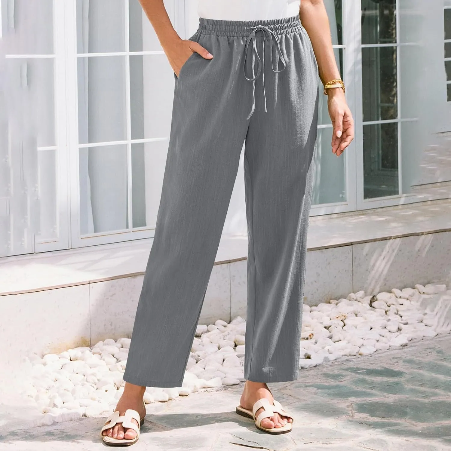 Cropped Linen Pants Women Summer Elastic Drawstring Waist Tapered Straight Leg Crop Pants Casual Beach Ankle Trousers