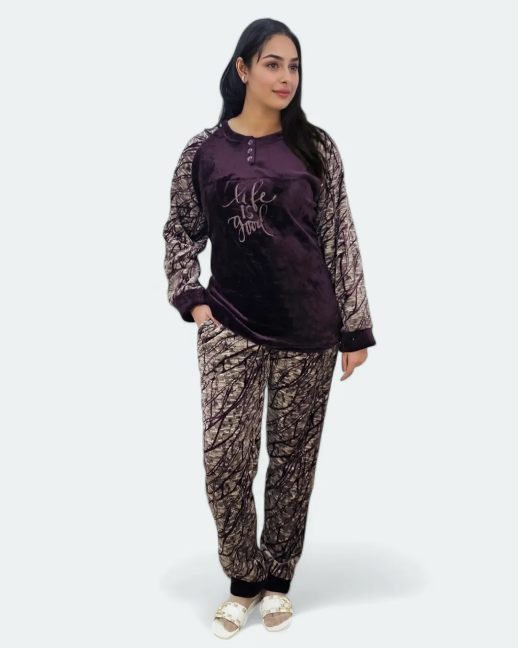Ladies Coral Fleece Graphic Pajama Set
