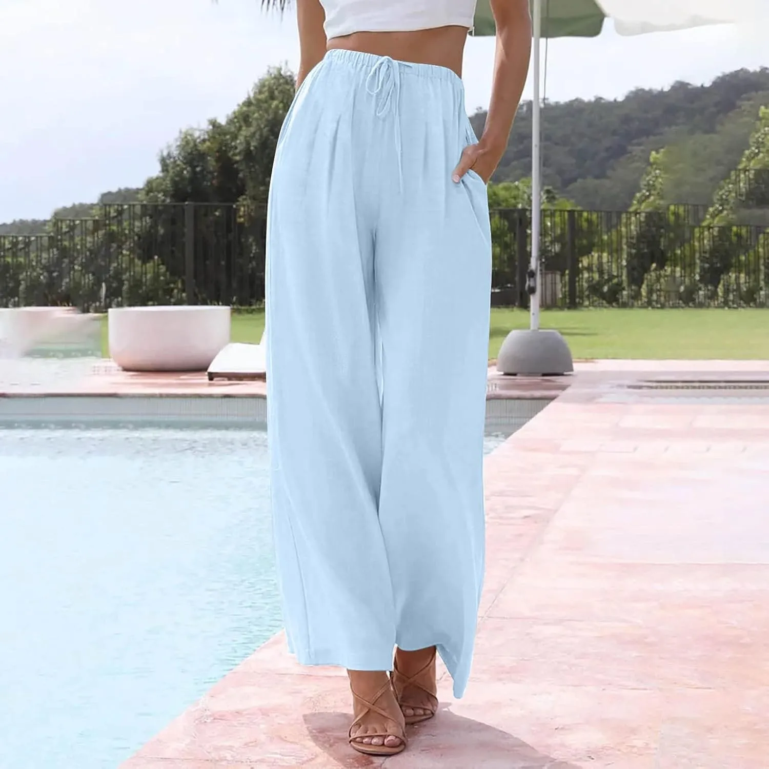 Linen Pants Women Drawstring Elastic Waist Wide Leg Loose Fit Summer Trouser Palazzo Pants Women with Pockets
