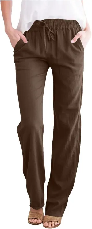 Linen Pants Women High Waist Linen Trousers Drawstring Waist Casual Pants Summer Vacation Beach Long Pant with Pockets