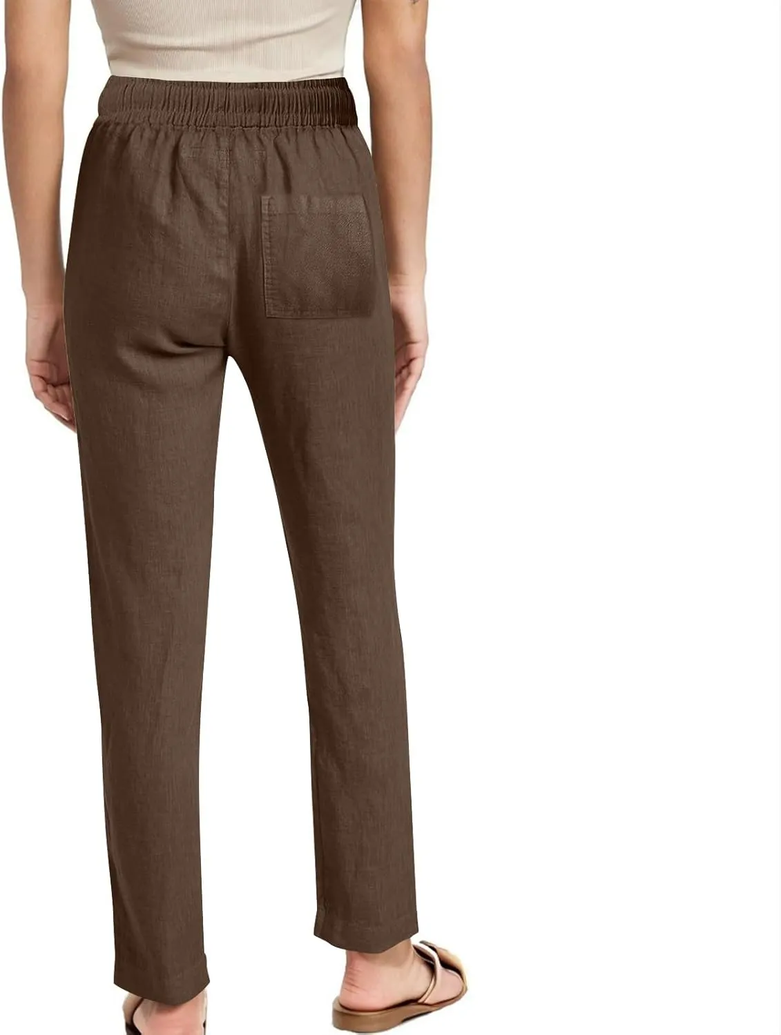 Linen Pants Women High Waist Linen Trousers Drawstring Waist Casual Pants Summer Vacation Beach Long Pant with Pockets