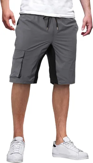 Men's Casual Cargo Shorts Color Block Drawstring Pants Slim Fit Joggers Pants Outdoor Hiking Shorts with Pockets