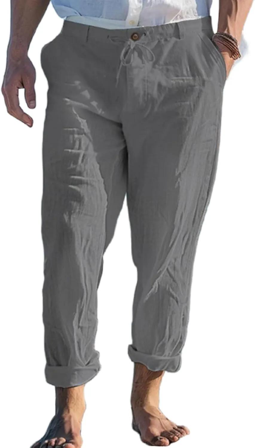 Mens Casual Linen Loose Fit Elastic Drawstring Waist Straight Legs Summer Beach Yoga Travel Baggy Work Long Pants