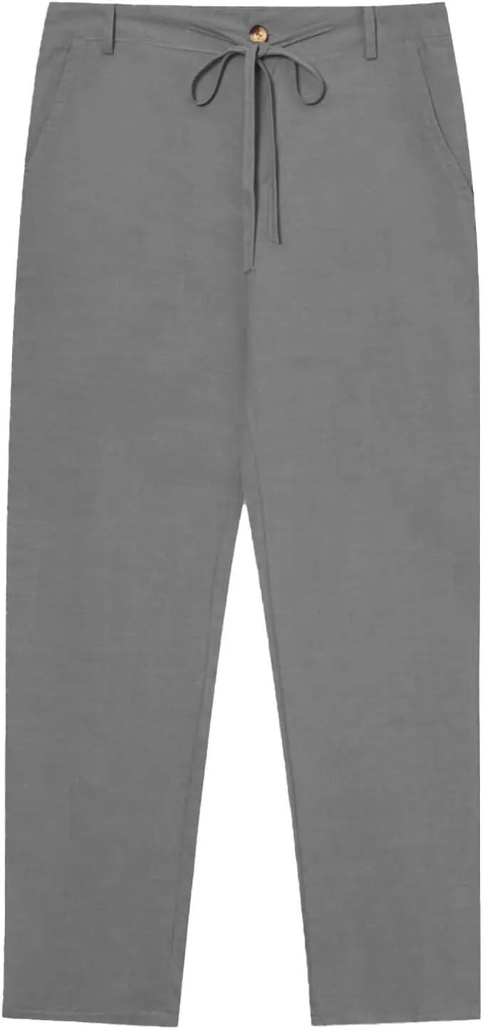 Mens Casual Linen Loose Fit Elastic Drawstring Waist Straight Legs Summer Beach Yoga Travel Baggy Work Long Pants