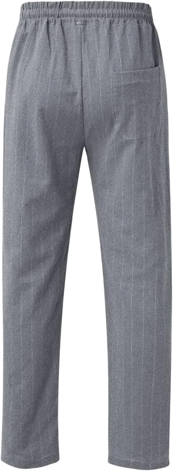 Men's Cotton Linen Pants Striped Beach Pants Baggy Fit Drawstring Sweatpants Breathable Casual Yoga Slacks Trousers