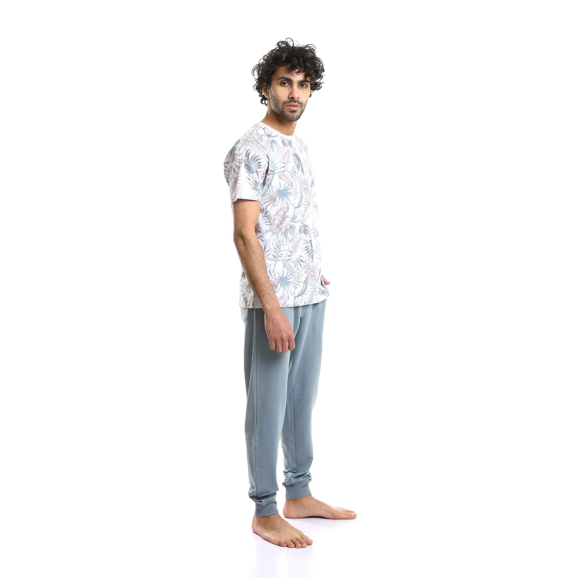 Men's Round Tropical Leaves Tee & Solid Pants Pajama Set - Aqua