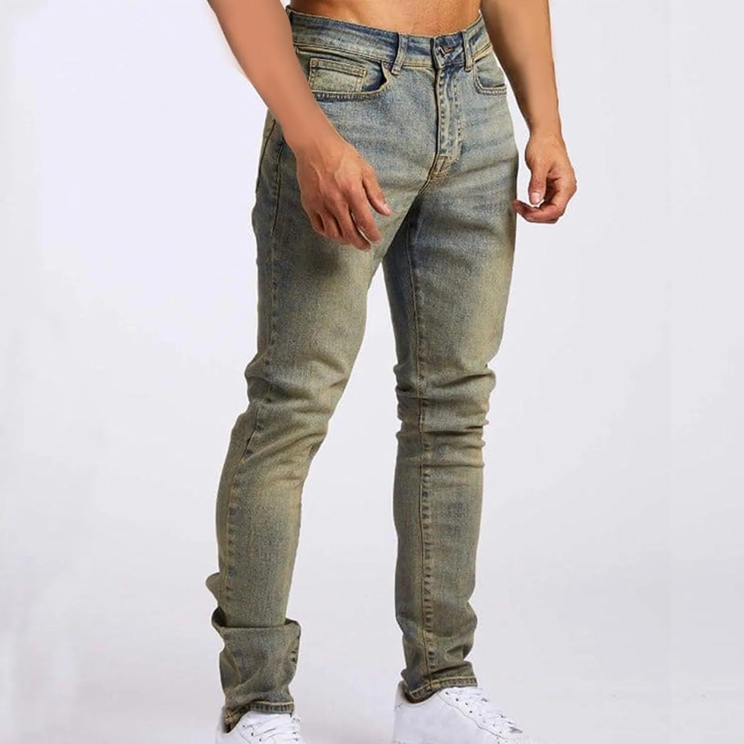 Mens Slim Fit Stretch Skinny Jeans Casual Jogger Pants Ripped Destroyed Stretchy Knee Holes Tapered Leg Denim Sweatpants