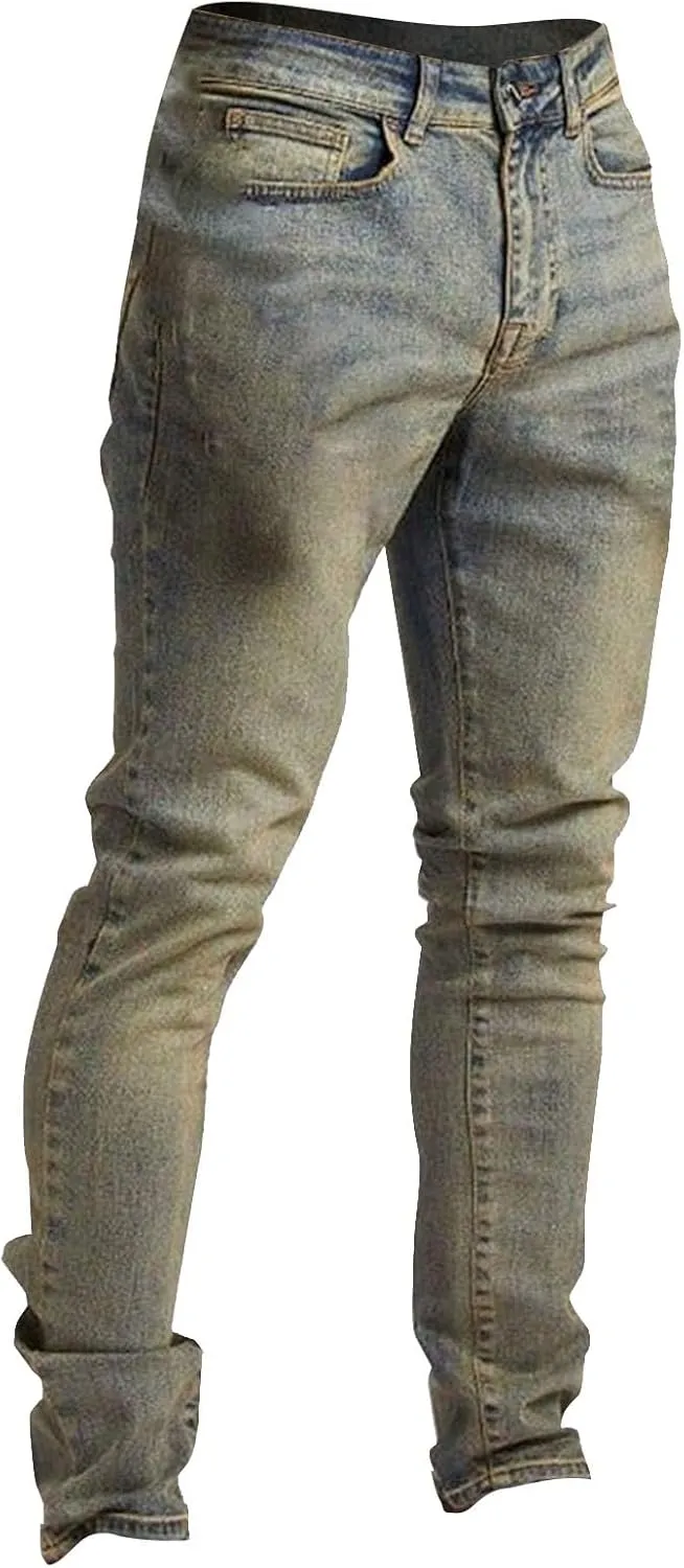 Mens Slim Fit Stretch Skinny Jeans Casual Jogger Pants Ripped Destroyed Stretchy Knee Holes Tapered Leg Denim Sweatpants