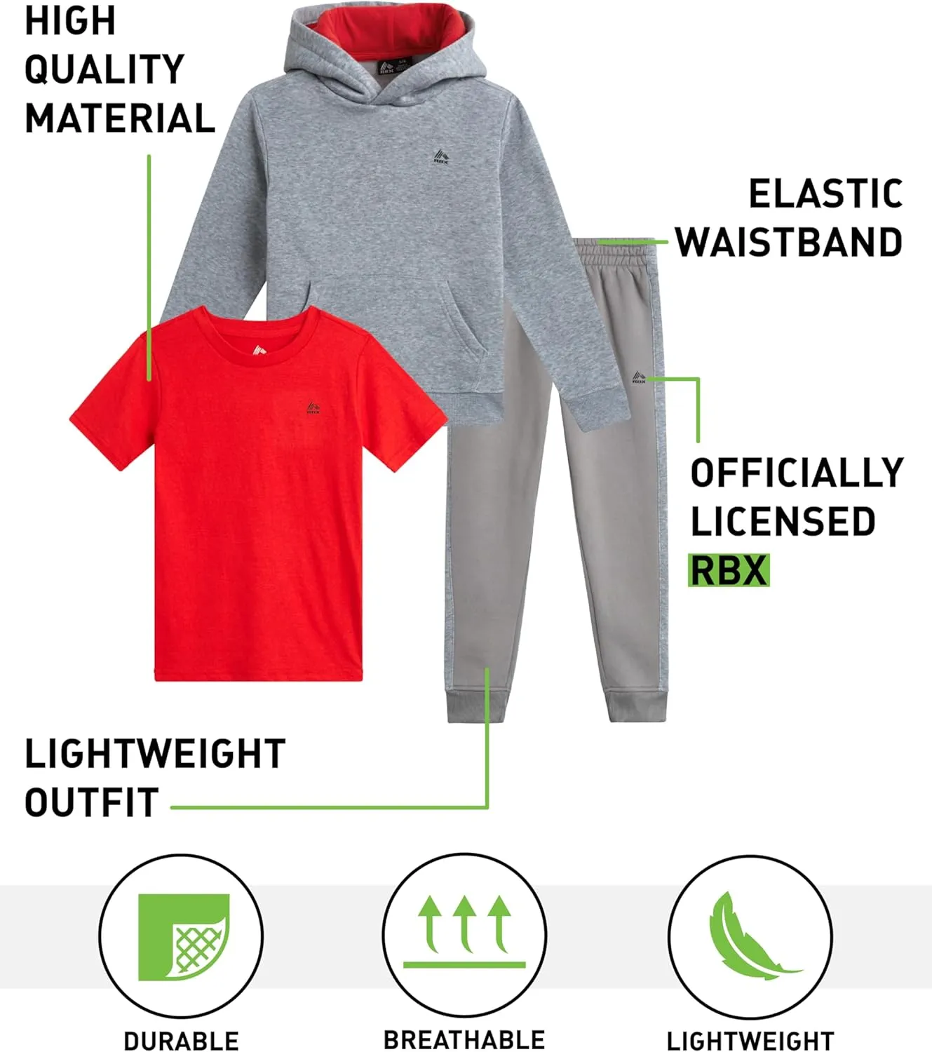 RBX Baby Boys' Fleece Joggers Set - 3 Piece T-Shirt, Hoodie Sweatshirt, and Jogger Sweatpants Playwear Set (Sizes: 12M-7)