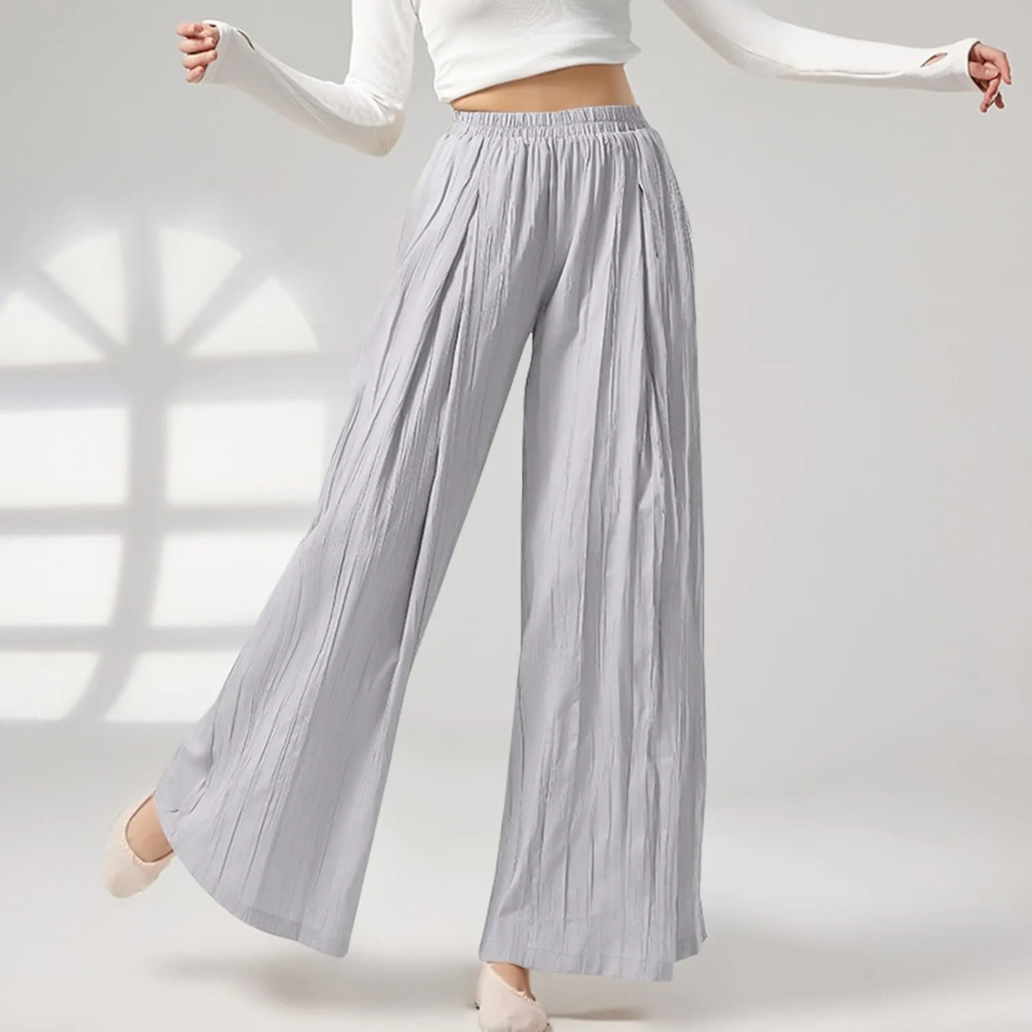 Sweatpants Women Pleated Wide Leg Pants with Pockets Casual Elastic Waist Cotton Linen Straight Leg Pants