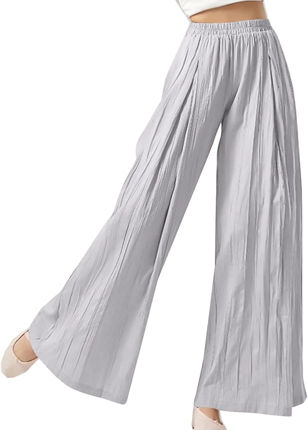 Sweatpants Women Pleated Wide Leg Pants with Pockets Casual Elastic Waist Cotton Linen Straight Leg Pants