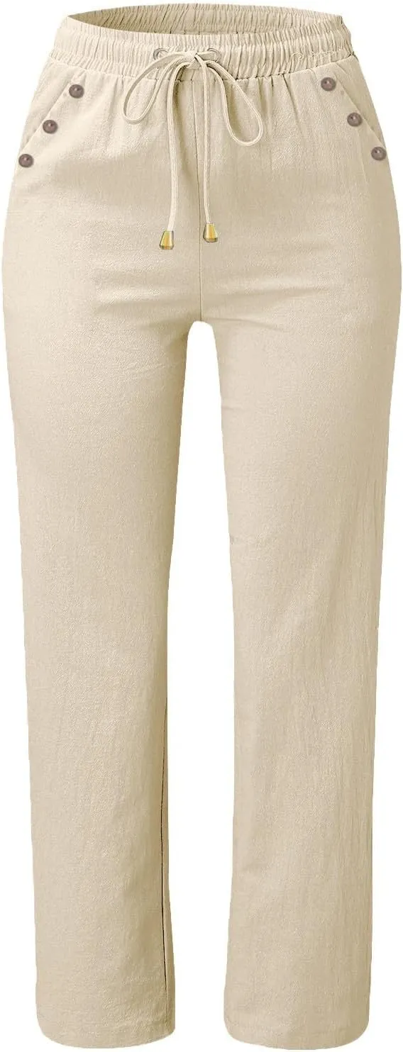 Women Linen Pants Casual Summer Loose Fit Beach Solid Color Plus Size High Waist Linen Pants Straight Trousers with Pockets