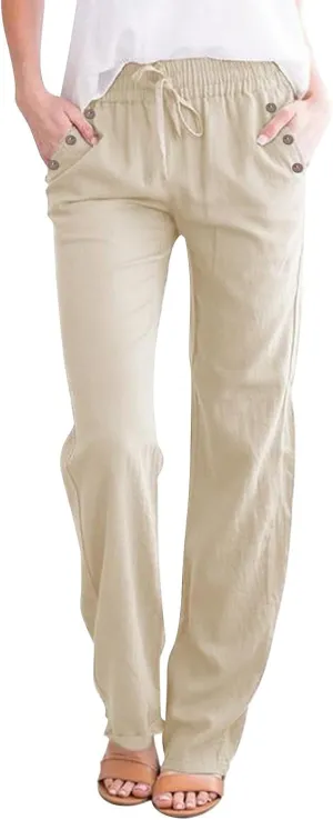 Women Linen Pants Casual Summer Loose Fit Beach Solid Color Plus Size High Waist Linen Pants Straight Trousers with Pockets