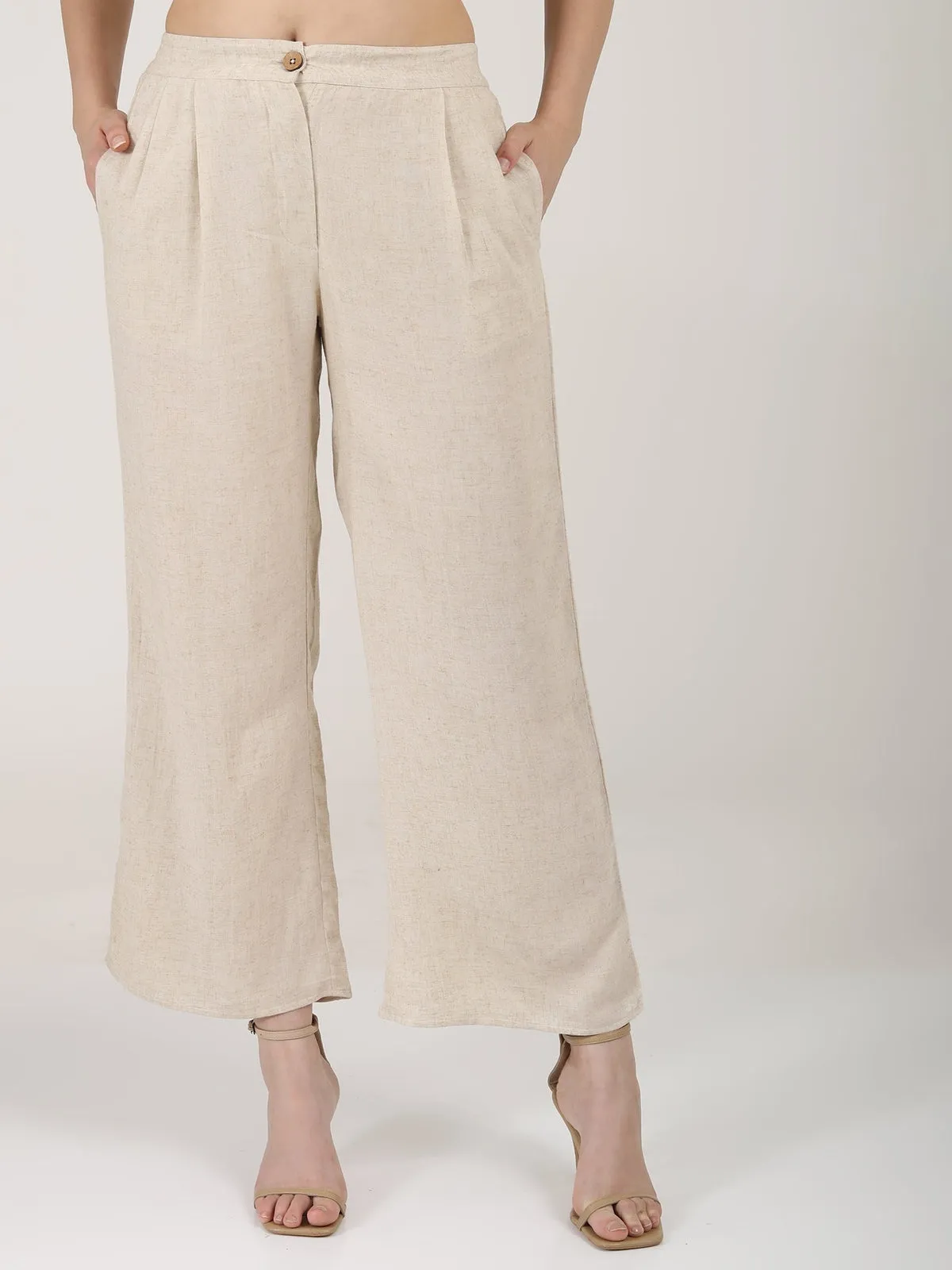 Women Linen Solid Pleated Front Trousers