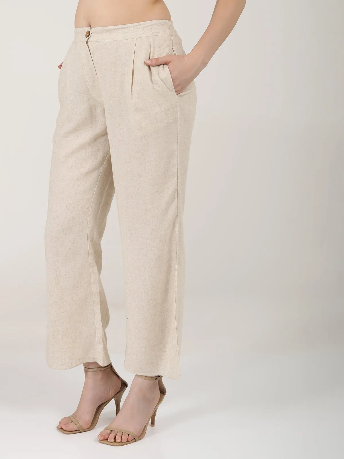 Women Linen Solid Pleated Front Trousers