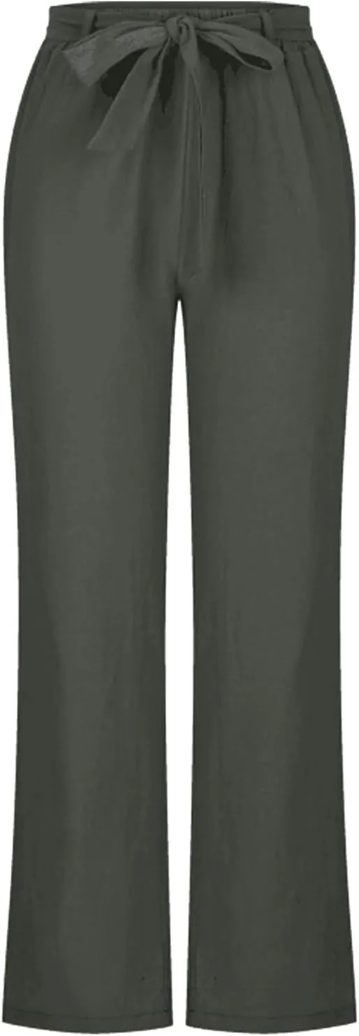 Womens Casual Loose Pants Comfy High Waist Cropped Work Pants with Pockets Elastic High Waist Paper Bag Pants Trousers