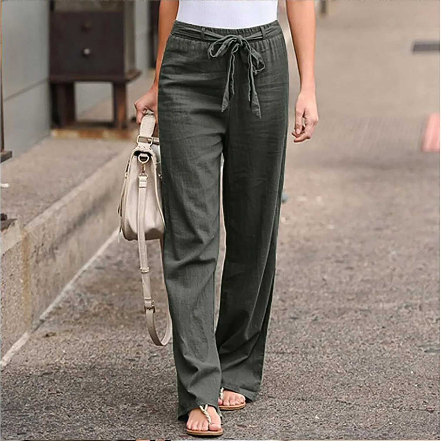 Womens Casual Loose Pants Comfy High Waist Cropped Work Pants with Pockets Elastic High Waist Paper Bag Pants Trousers