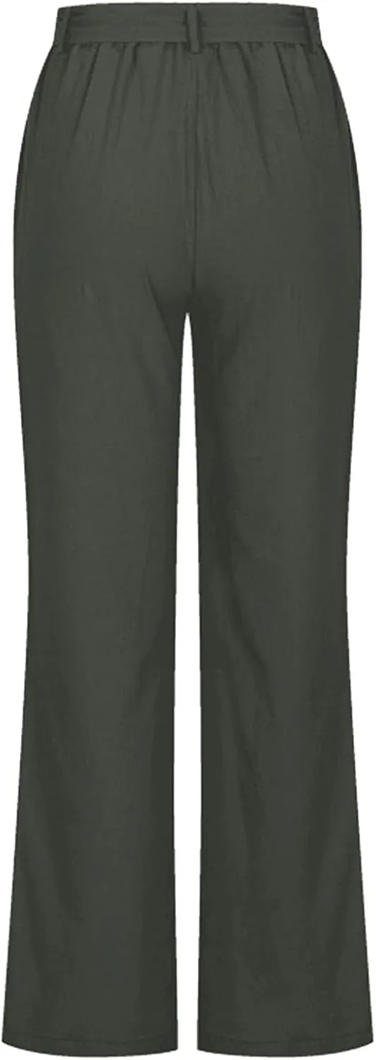 Womens Casual Loose Pants Comfy High Waist Cropped Work Pants with Pockets Elastic High Waist Paper Bag Pants Trousers