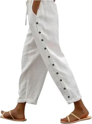 Womens Linen Pants Casual Summer Loose Beach Solid Color Plus Size High Waist Linen Pants Straight Trousers with Pockets