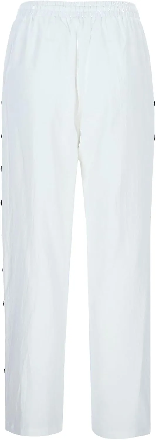 Womens Linen Pants Casual Summer Loose Beach Solid Color Plus Size High Waist Linen Pants Straight Trousers with Pockets