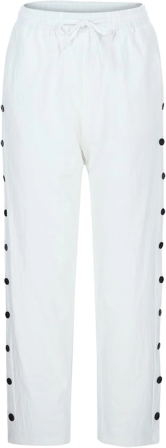 Womens Linen Pants Casual Summer Loose Beach Solid Color Plus Size High Waist Linen Pants Straight Trousers with Pockets