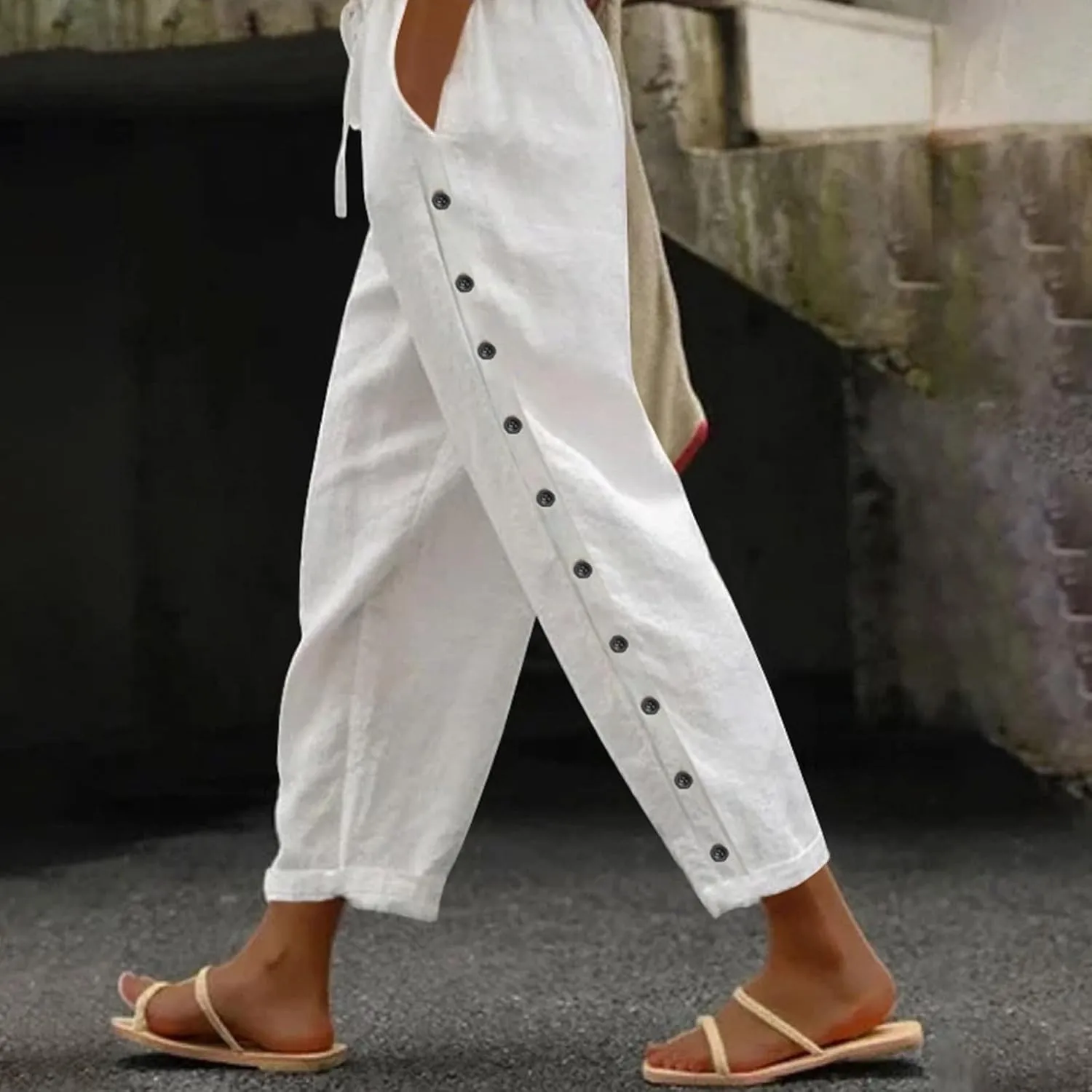 Womens Linen Pants Casual Summer Loose Beach Solid Color Plus Size High Waist Linen Pants Straight Trousers with Pockets