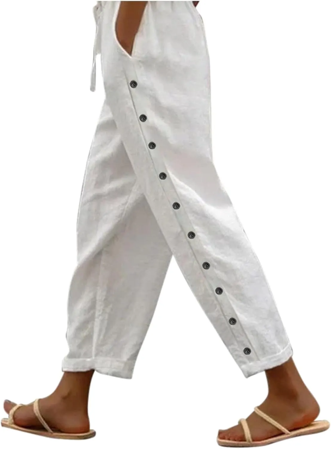 Womens Linen Pants Casual Summer Loose Beach Solid Color Plus Size High Waist Linen Pants Straight Trousers with Pockets