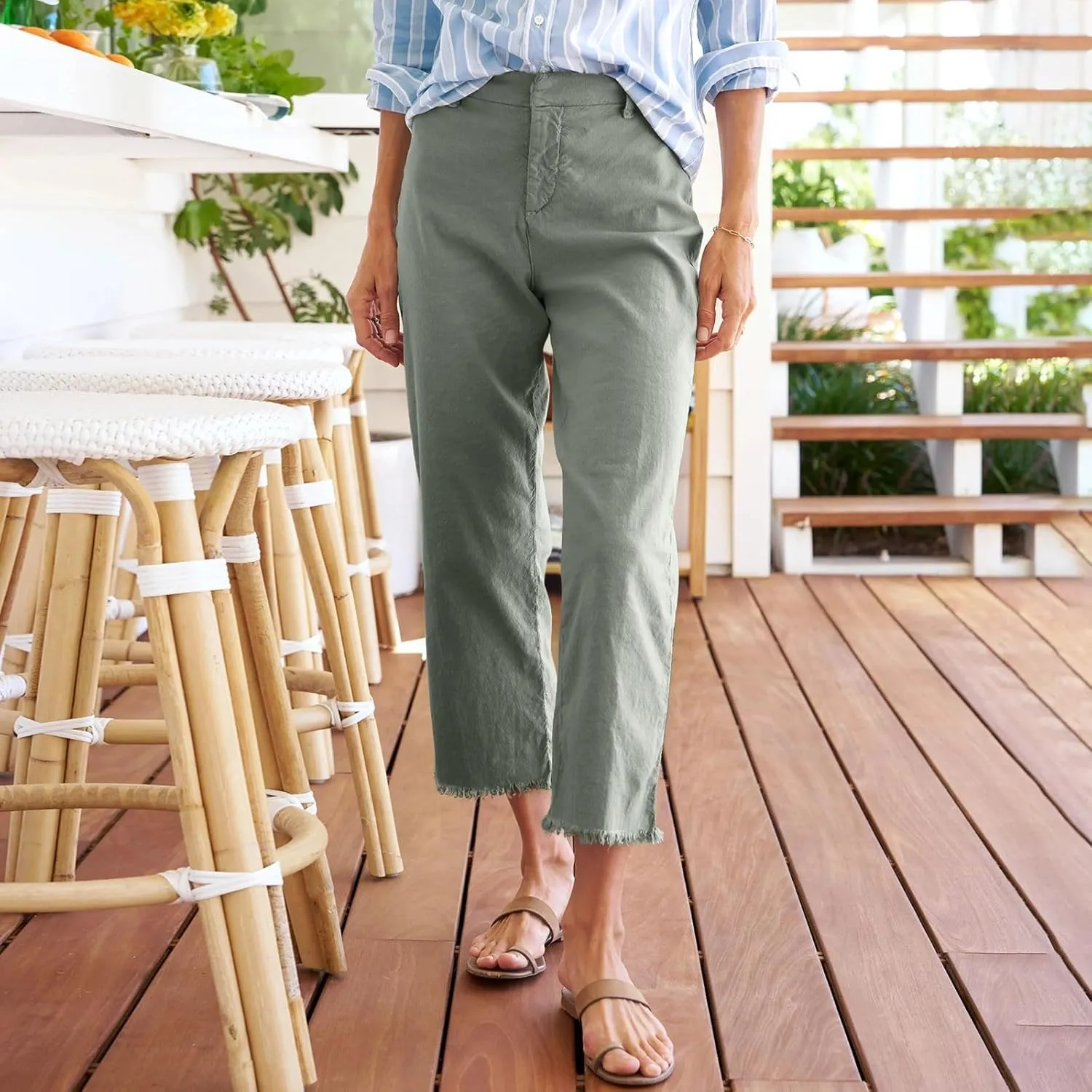 Women's Pants Petite Button Loose Summer Womens Capris Cargo Linen Cotton Capri Pants for Women Stretch Short