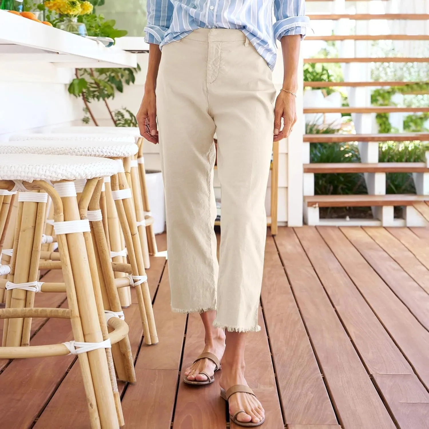 Women's Pants Petite Button Loose Summer Womens Capris Cargo Linen Cotton Capri Pants for Women Stretch Short