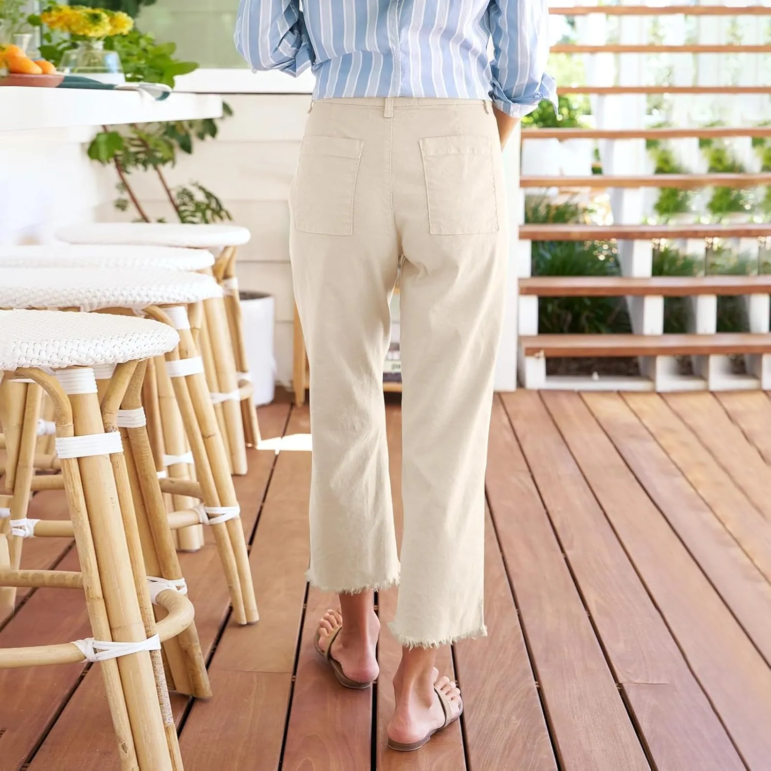 Women's Pants Petite Button Loose Summer Womens Capris Cargo Linen Cotton Capri Pants for Women Stretch Short