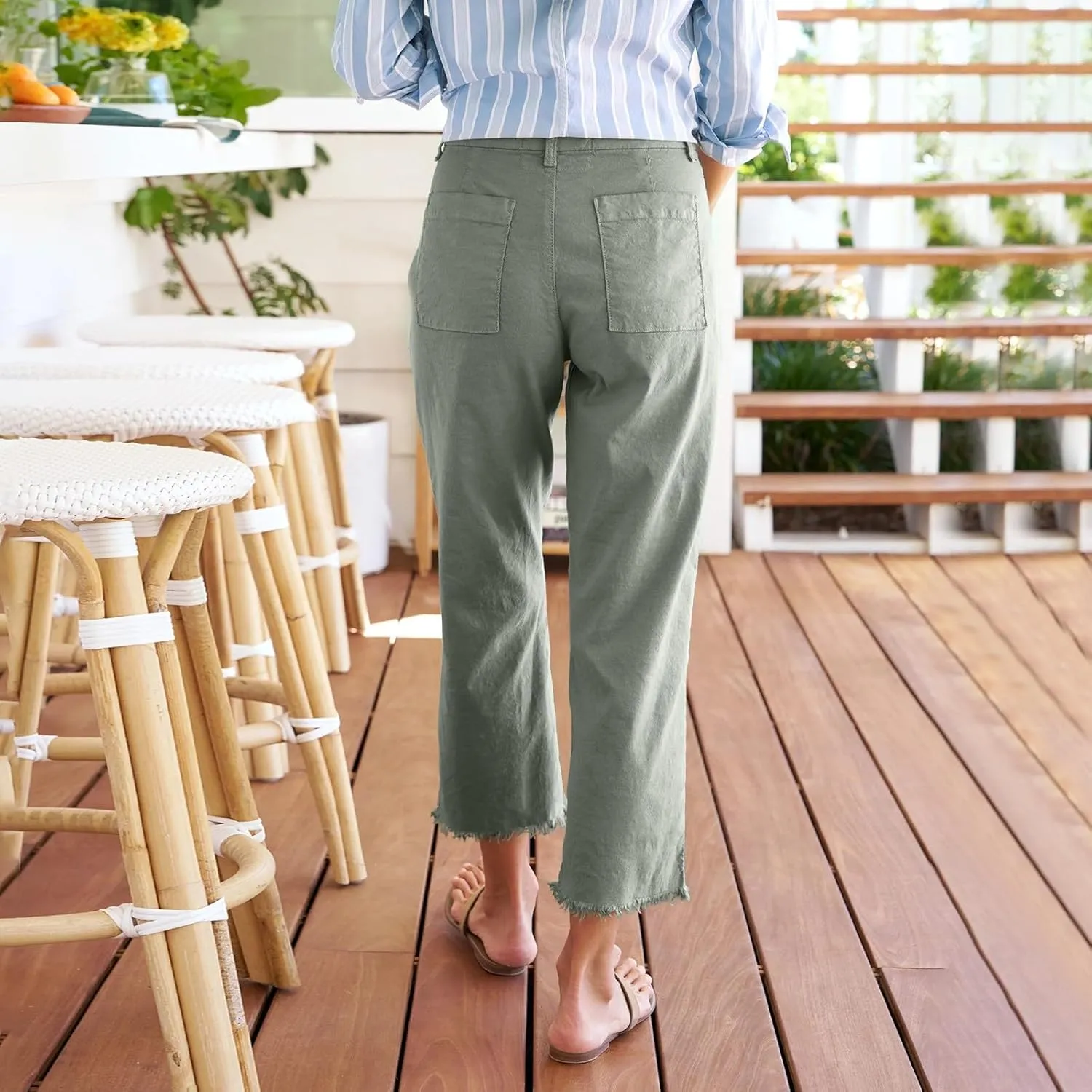 Women's Pants Petite Button Loose Summer Womens Capris Cargo Linen Cotton Capri Pants for Women Stretch Short