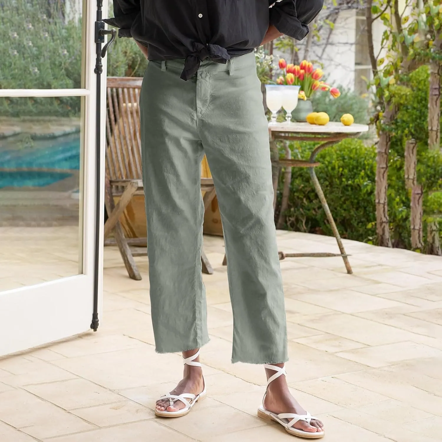 Women's Pants Petite Button Loose Summer Womens Capris Cargo Linen Cotton Capri Pants for Women Stretch Short